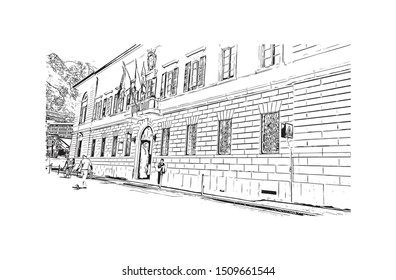 Building view with landmark of Lecco is a city on the southeastern shore of Lake Como, in northern Italy. Hand drawn sketch illustration in vector.