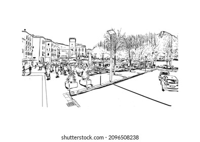 Building view with landmark of Lecco is the 
city in Italy. Hand drawn sketch illustration in vector.