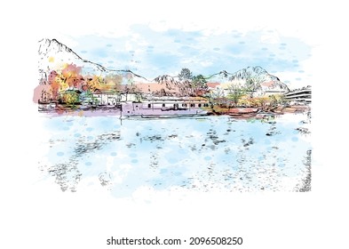 Building View With Landmark Of Lecco Is The 
City In Italy. Watercolour Splash With Hand Drawn Sketch Illustration In Vector.