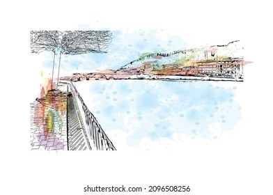 Building View With Landmark Of Lecco Is The 
City In Italy. Watercolour Splash With Hand Drawn Sketch Illustration In Vector.