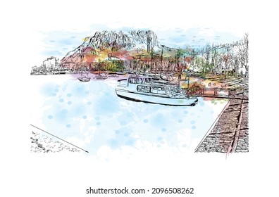 Building View With Landmark Of Lecco Is The 
City In Italy. Watercolour Splash With Hand Drawn Sketch Illustration In Vector.