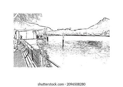 Building view with landmark of Lecco is the 
city in Italy. Hand drawn sketch illustration in vector.