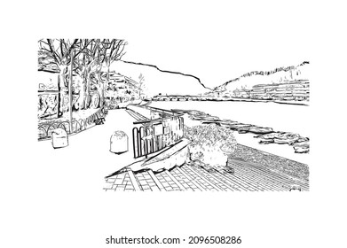 Building view with landmark of Lecco is the 
city in Italy. Hand drawn sketch illustration in vector.