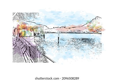 Building View With Landmark Of Lecco Is The 
City In Italy. Watercolour Splash With Hand Drawn Sketch Illustration In Vector.