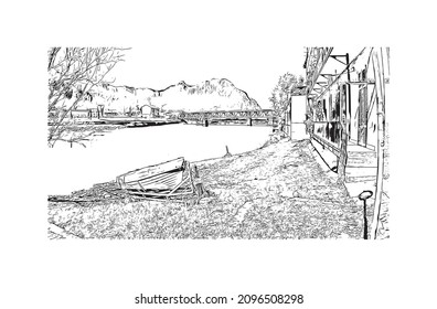 Building view with landmark of Lecco is the 
city in Italy. Hand drawn sketch illustration in vector.