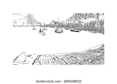 La vista de edificio con un punto de referencia de Lecco es el 
ciudad de Italia. Dibujo a mano de ilustración de esbozo en vector.