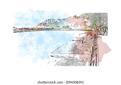 Building View With Landmark Of Lecco Is The 
City In Italy. Watercolour Splash With Hand Drawn Sketch Illustration In Vector.