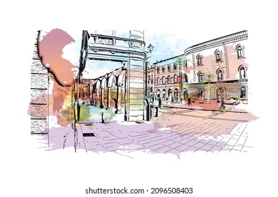 Building View With Landmark Of Lecco Is The 
City In Italy. Watercolour Splash With Hand Drawn Sketch Illustration In Vector.