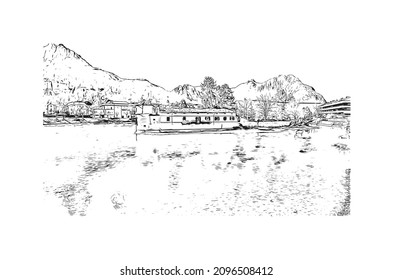 Building view with landmark of Lecco is the 
city in Italy. Hand drawn sketch illustration in vector.