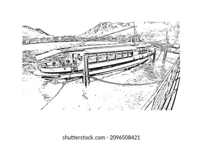 Building view with landmark of Lecco is the 
city in Italy. Hand drawn sketch illustration in vector.