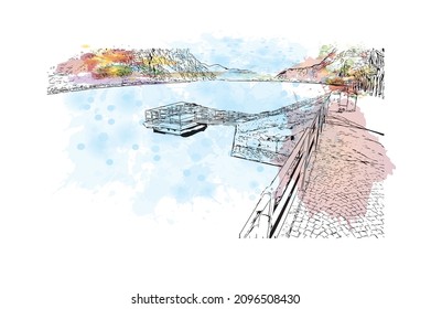 Building View With Landmark Of Lecco Is The 
City In Italy. Watercolour Splash With Hand Drawn Sketch Illustration In Vector.