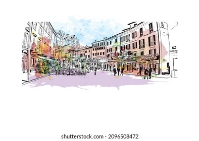 Building View With Landmark Of Lecco Is The 
City In Italy. Watercolour Splash With Hand Drawn Sketch Illustration In Vector.