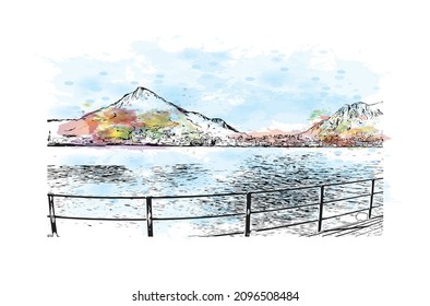 Building View With Landmark Of Lecco Is The 
City In Italy. Watercolour Splash With Hand Drawn Sketch Illustration In Vector.