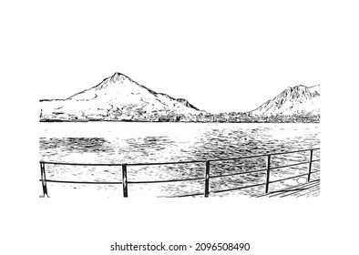 Building view with landmark of Lecco is the 
city in Italy. Hand drawn sketch illustration in vector.