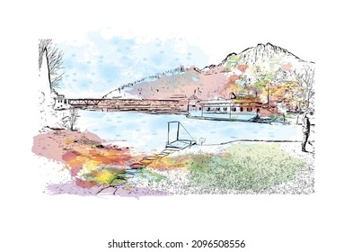 Building view with landmark of Lecco is the 
city in Italy. watercolour splash with hand drawn sketch illustration in vector.