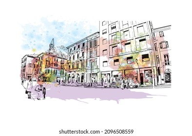 Building View With Landmark Of Lecco Is The 
City In Italy. Watercolour Splash With Hand Drawn Sketch Illustration In Vector.