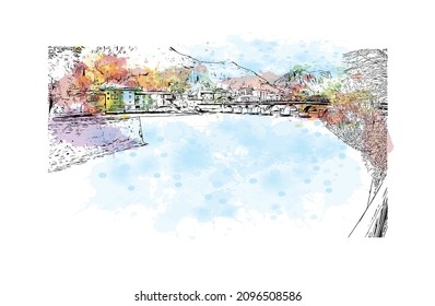 Building View With Landmark Of Lecco Is The 
City In Italy. Watercolour Splash With Hand Drawn Sketch Illustration In Vector.