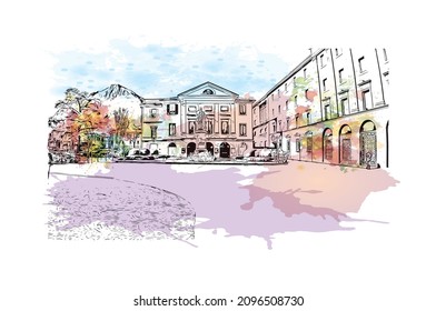 Building View With Landmark Of Lecco Is The 
City In Italy. Watercolour Splash With Hand Drawn Sketch Illustration In Vector.