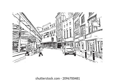 Building view with landmark of Leicester is the 
city in England. Hand drawn sketch illustration in vector.