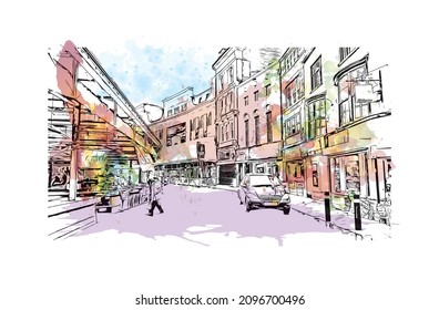 Building view with landmark of Leicester is the 
city in England. Watercolor splash with hand drawn sketch illustration in vector.