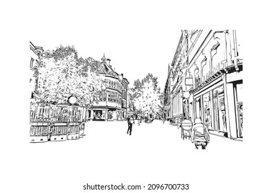 Building view with landmark of Leicester is the 
city in England. Hand drawn sketch illustration in vector.