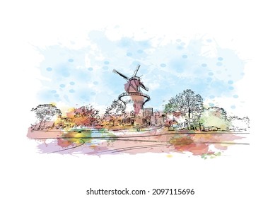 Building view with landmark of Leiden is the 
city in the Netherlands. Watercolor splash with hand drawn sketch illustration in vector.