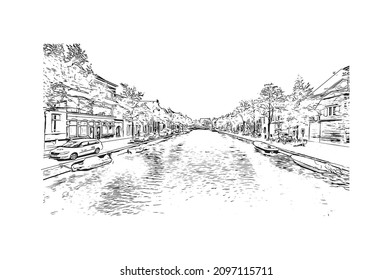 Building view with landmark of Leiden is the 
city in the Netherlands. Hand drawn sketch illustration in vector.