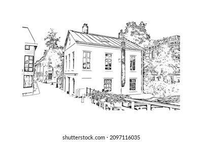 Building view with landmark of Leiden is the 
city in the Netherlands. Hand drawn sketch illustration in vector.