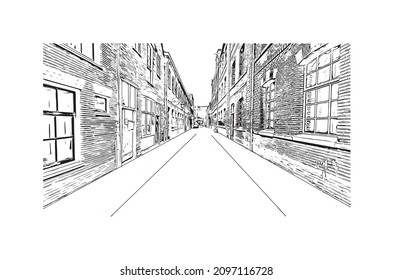 Building view with landmark of Leiden is the 
city in the Netherlands. Hand drawn sketch illustration in vector.