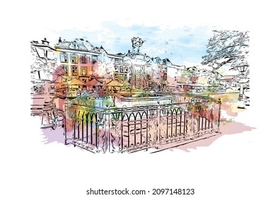 Building view with landmark of Leiden is the 
city in the Netherlands. Watercolor splash with hand drawn sketch illustration in vector.