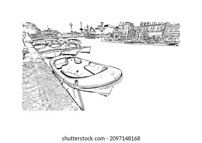 Building view with landmark of Leiden is the 
city in the Netherlands. Hand drawn sketch illustration in vector.