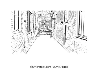 Building view with landmark of Leiden is the 
city in the Netherlands. Hand drawn sketch illustration in vector.