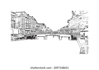 Building view with landmark of Leiden is the 
city in the Netherlands. Hand drawn sketch illustration in vector.