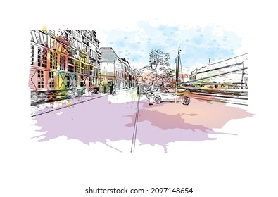 Building view with landmark of Leiden is the 
city in the Netherlands. Watercolor splash with hand drawn sketch illustration in vector.