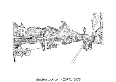 Building view with landmark of Leiden is the 
city in the Netherlands. Hand drawn sketch illustration in vector.