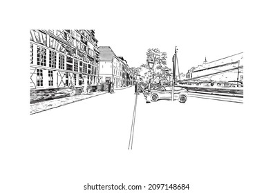 Building view with landmark of Leiden is the 
city in the Netherlands. Hand drawn sketch illustration in vector.