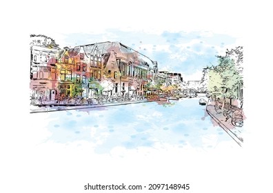 Building view with landmark of Leiden is the 
city in the Netherlands. Watercolor splash with hand drawn sketch illustration in vector.