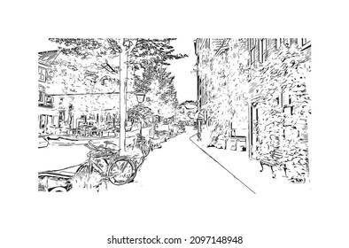 Building view with landmark of Leiden is the 
city in the Netherlands. Hand drawn sketch illustration in vector.