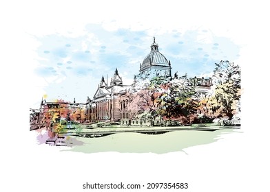 Building view with landmark of Leipzig is the 
city in Germany. Watercolor splash with hand drawn sketch illustration in vector.