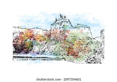 La vista de edificio con un punto de referencia de Leipzig es la 
ciudad de Alemania. Salto de color de agua con ilustración de esbozo dibujada a mano en vector.