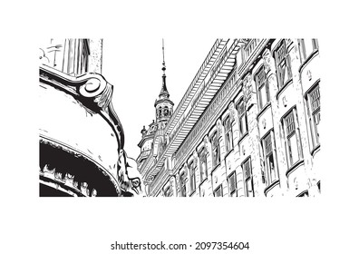 La vista de edificio con un punto de referencia de Leipzig es la 
ciudad de Alemania. Dibujo a mano de ilustración de esbozo en vector.