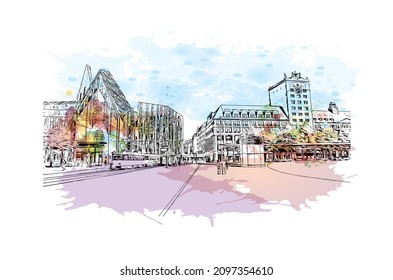 Building view with landmark of Leipzig is the 
city in Germany. Watercolor splash with hand drawn sketch illustration in vector.