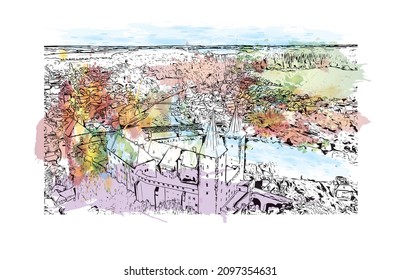 Die Bauansicht mit Wahrzeichen Leipzig ist die 
Stadt in Deutschland. Aquarellspritzer mit handgezeichneter Skizzengrafik in Vektorgrafik.