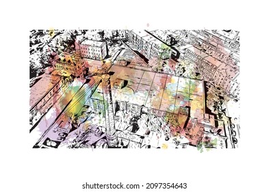 Die Bauansicht mit Wahrzeichen Leipzig ist die 
Stadt in Deutschland. Aquarellspritzer mit handgezeichneter Skizzengrafik in Vektorgrafik.