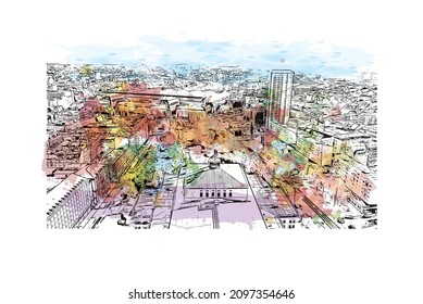 Building view with landmark of Leipzig is the 
city in Germany. Watercolor splash with hand drawn sketch illustration in vector.