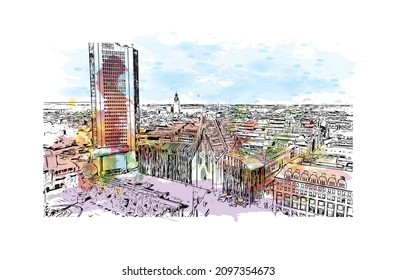 La vista de edificio con un punto de referencia de Leipzig es la 
ciudad de Alemania. Salto de color de agua con ilustración de esbozo dibujada a mano en vector.