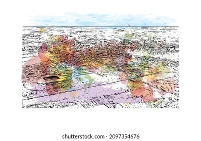 La vista de edificio con un punto de referencia de Leipzig es la 
ciudad de Alemania. Salto de color de agua con ilustración de esbozo dibujada a mano en vector.