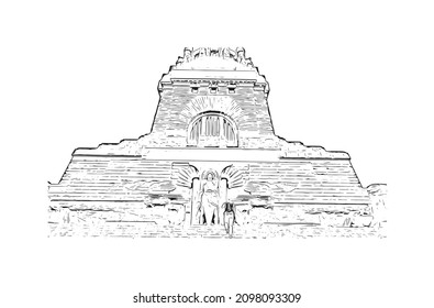 La vista de edificio con un punto de referencia de Leipzig es la 
ciudad de Alemania. Dibujo a mano de ilustración de esbozo en vector.