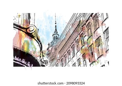 La vista de edificio con un punto de referencia de Leipzig es la 
ciudad de Alemania. Salto de color de agua con ilustración de esbozo dibujada a mano en vector.