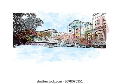 Building view with landmark of Leipzig is the 
city in Germany. Watercolor splash with hand drawn sketch illustration in vector.